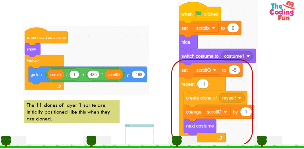 Expand the length of the landscape and see how the clones of the sprite are aligned.